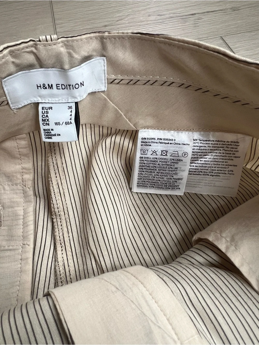 H&M EDITION Linen Blend Barrel Leg Pants Beige Black Striped Baggy